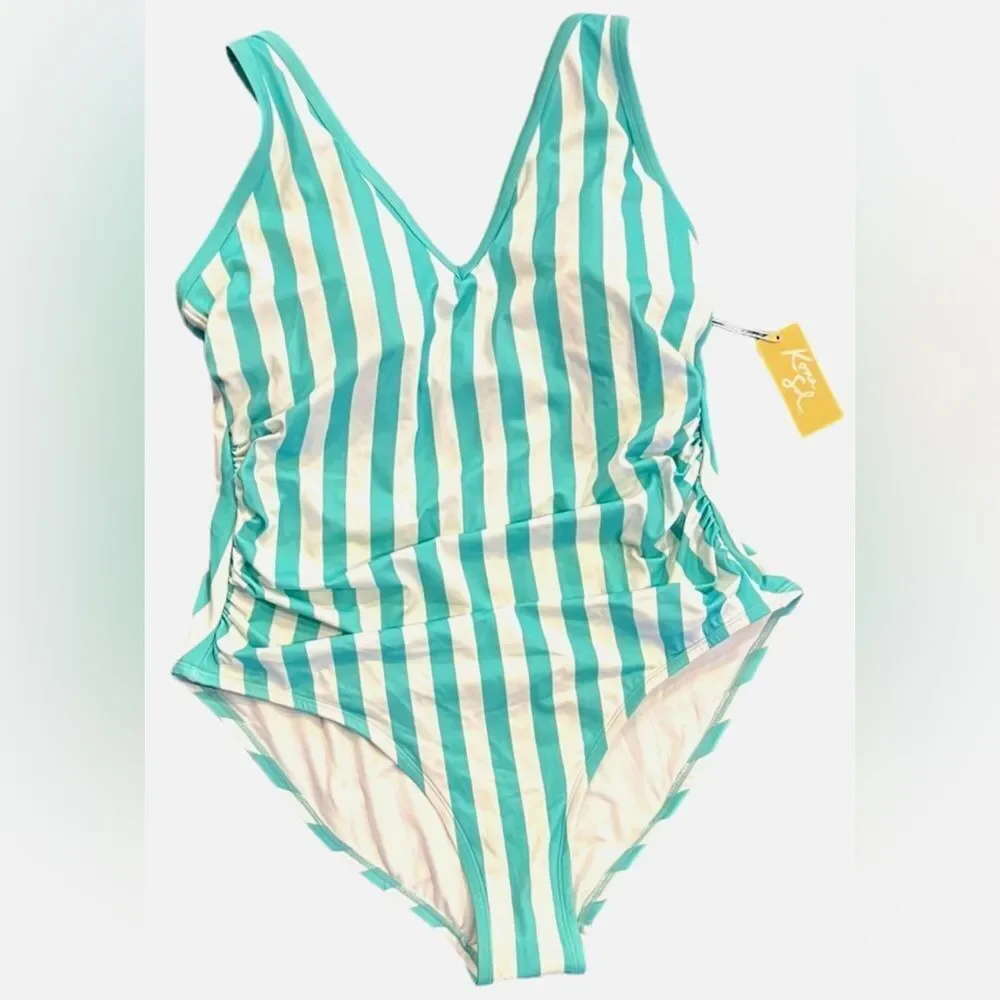 NWT Kona Sol Aqua and White Striped One Piece Swimsuit